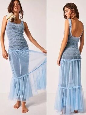 Free People Smock About It Sheer Mesh Ruffled Slip Maxi Dress Blue Lake Life Med